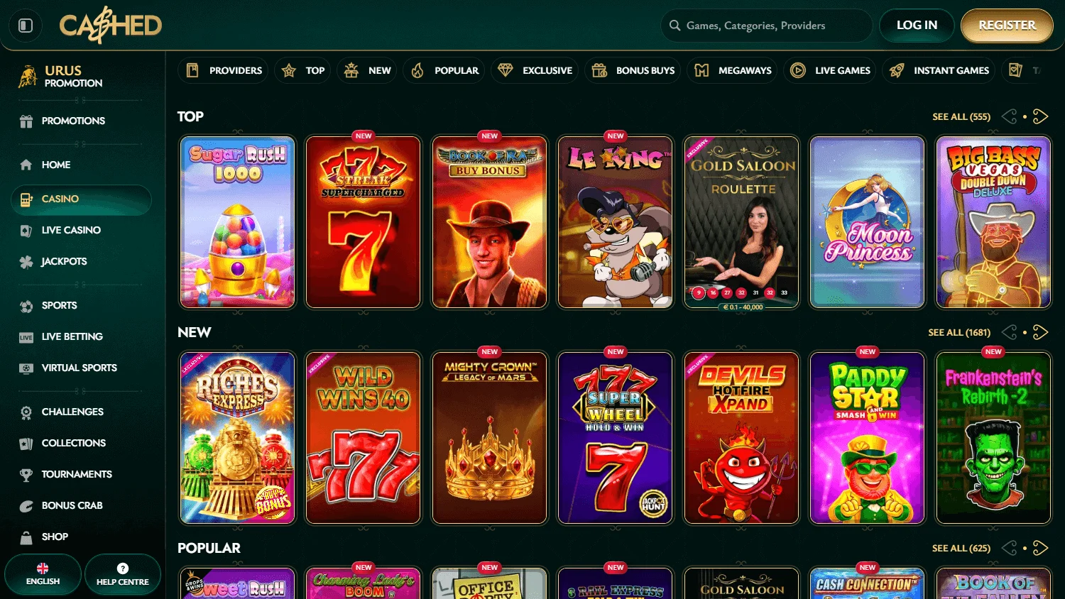Cashed Casino desktop games view with casino and live dealer categories