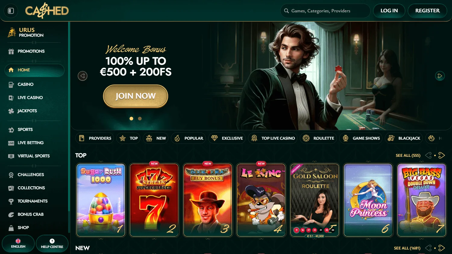 Cashed Casino desktop home view with casino access and welcome offer