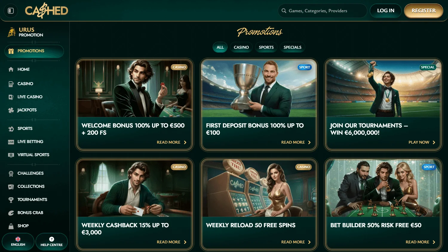 Cashed Casino desktop promotions view with deposit and ongoing offers