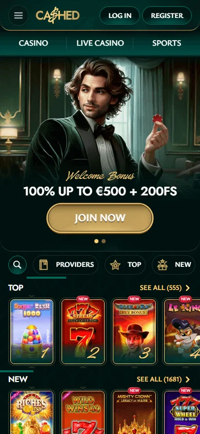 Cashed Casino mobile browser home view for iOS and Android