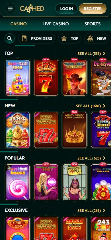 Cashed Casino mobile games view with casino and live dealer options