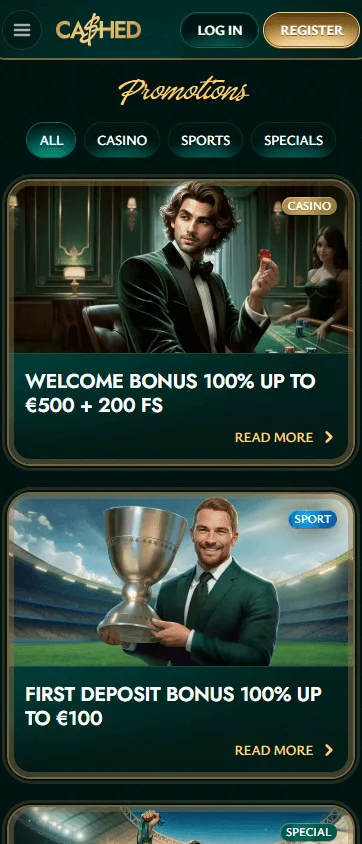 Cashed Casino mobile promotions view with welcome and reload offers